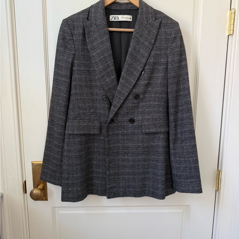 Zara Gray Plaid Double-Breasted Blazer